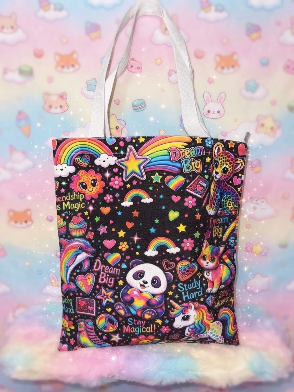 Rainbow Dreams Black Tote Bag with White Handles 12”x14”